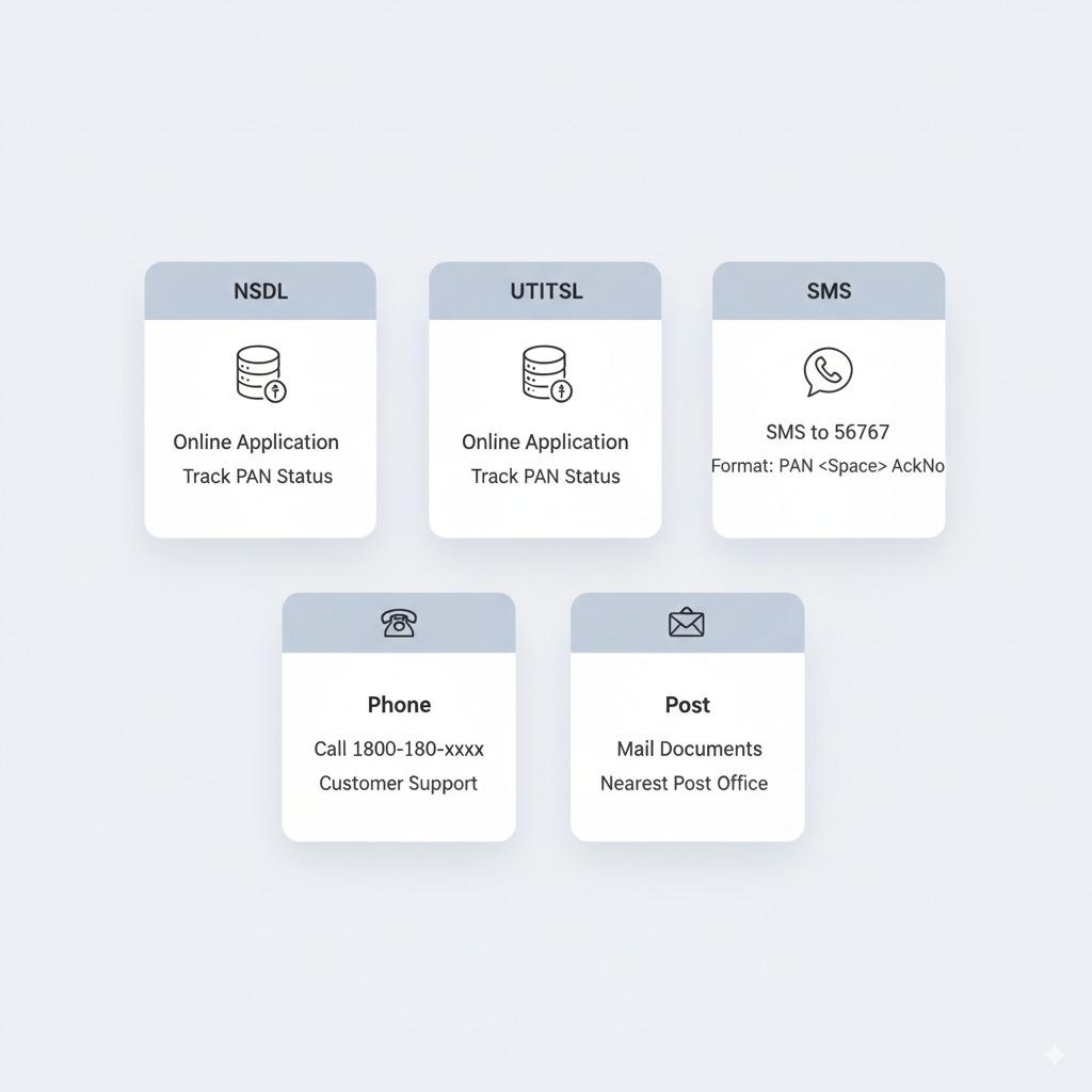 Grid layout with 5 cards (NSDL, UTIITSL, SMS, Phone, Post) + small icons.